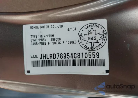 2004 Honda Cr-V Ex-L from USA, damaged, VIN JHLRD78954C810559